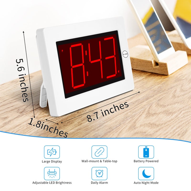 KWANWA Small Wall Clock  Digital Alarm Clock  8"" Extra Large Display  3"" LED Digit Contantly Light Up  Battery Operated  Adjustable Brightness  Clock for Bedroom  Wall-Mounted/Table-top - Image 2